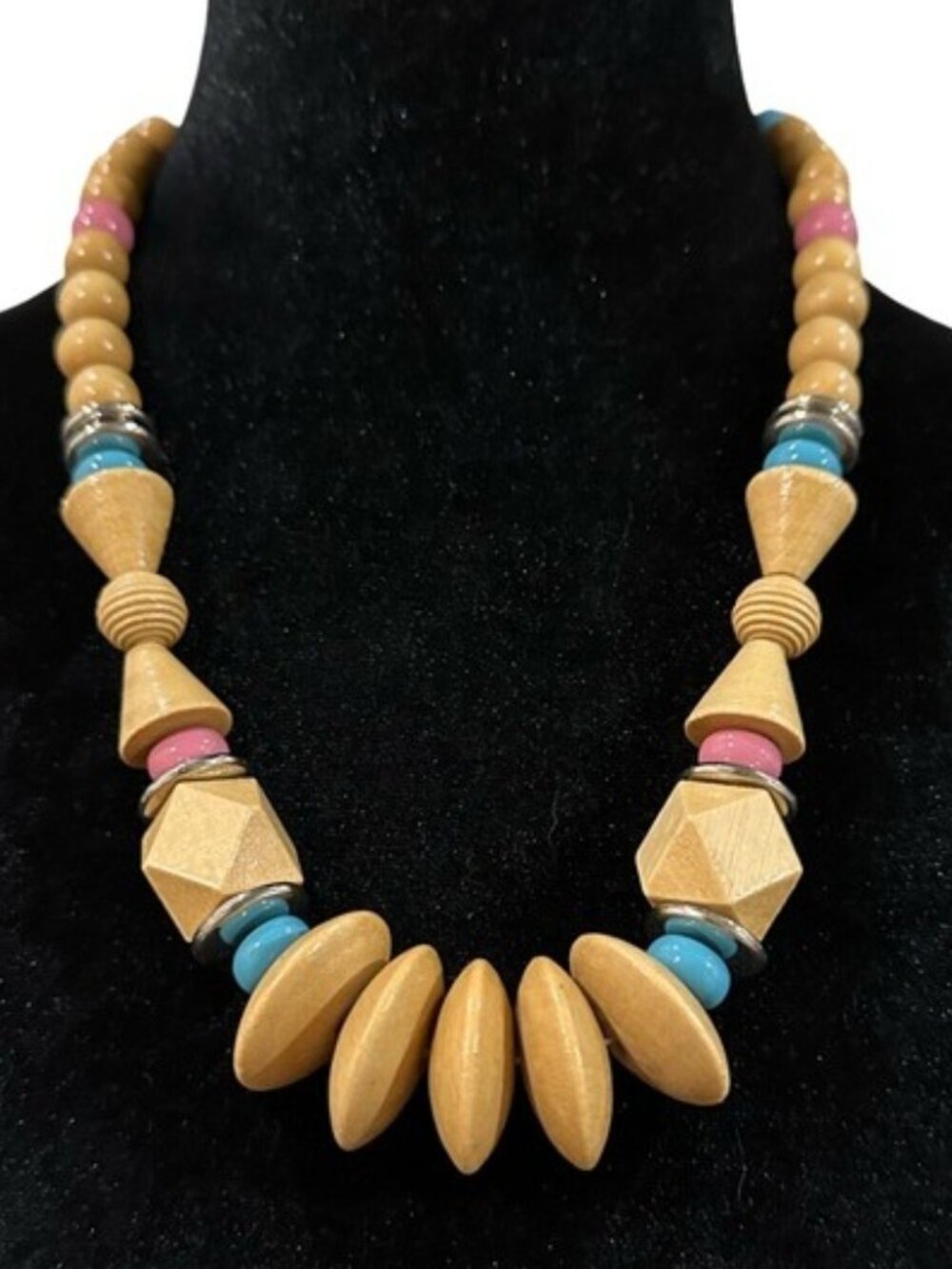 Boho Beaded Necklace Wood Beads Blue Pink Brown 24 Inch Length Vintage Jewelry